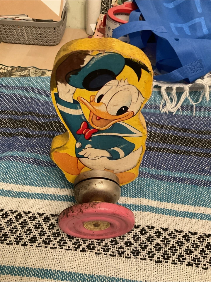 Vintage Donald Duck Club Gong Bell Mfg Wooden Push Pull Toy, No Handle - Image 1 of 4