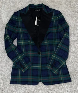 Ralph Lauren Tartan Plaid Single Breast Blazer Jacket Womens Sz 2 Green Wool NWT - Picture 1 of 13