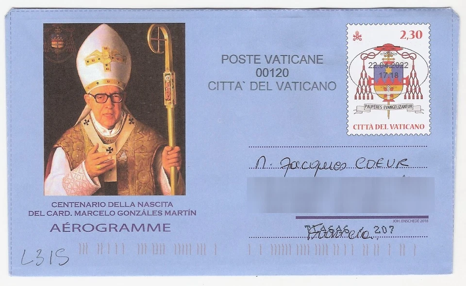 L315 - PSE airletter - Vatican birth of Cardinal Martin, used in 2022 - Image 1 of 1