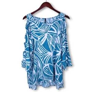 IC BY CONNIE K Teal White Printed Ladder Cut Sleeve Top Size Large - Picture 1 of 13