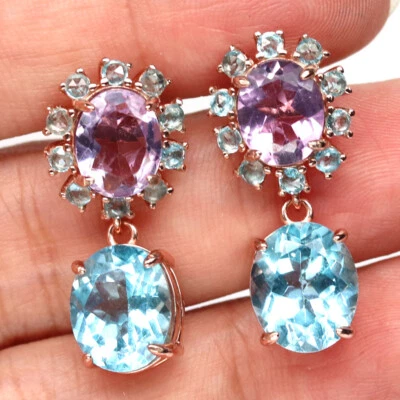 Plata de ley 925 10 x 12 mm. Pendientes de topacio azul cielo y amatista rosa Foto 1 de 4