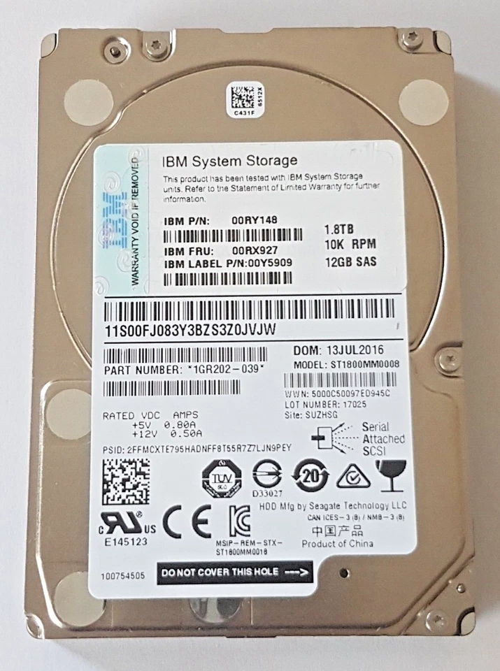 1.8 SAS IBM ST1800MM0008/00RX927 12GB 10K RPM 128MB HDD 2,5 " Hard Drive - Image 1 of 1