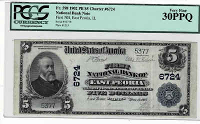 1902 $5 National Bank 'Plain Back' note-fr.598 (E.Peoria-CH#6724) PCGS VF 30 EPQ - Image 1 of 4