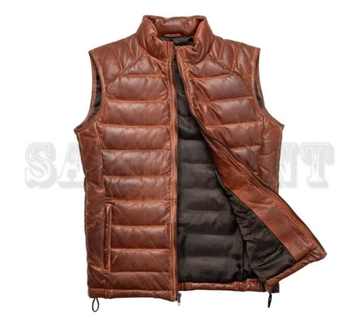 Mens Leather Puffer Vest Distressed Brown Down Gilet Jacket Warm Body Warmer - Image 1 of 4