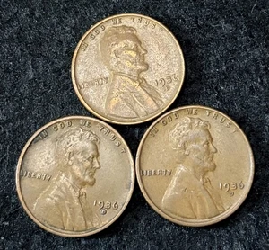 1936 D (3 Coins) Lincoln Wheat Pennies- Free Shipping - Picture 1 of 2