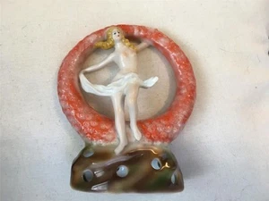 Antique Art Deco Nude Nymph W Scarf Orange Raised Relief Flower Frog Germany - Picture 1 of 6