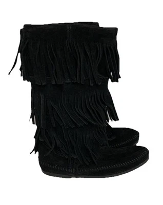 Botas boho mocasín con flecos de 3 capas MINNETONKA para mujer negras talla 7 nuevas en caja Foto 1 de 4
