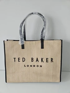 Ted Baker Faux Raffia LARGE Icon Tote Shopper Holiday Beach Bag - Natural/Black - Picture 1 of 5