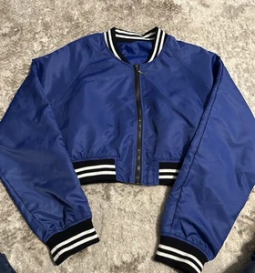 Vintage Styled Blue Cropped Bomber Jacket Black White Stripes Women’s Large C14 - Picture 1 of 4