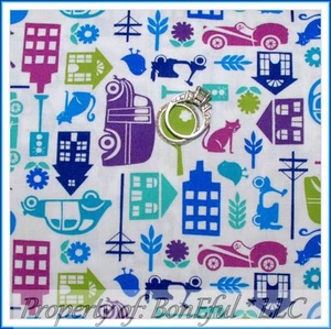 BonEful FABRIC Cotton Quilt Baby Blue House City Cat Bird Bike Car Flower SCRAP - Picture 1 of 10