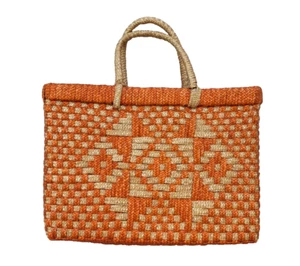 Woven Straw Handbag – Orange & Beige Women’s Summer Bag Purse - Picture 1 of 5