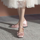 Satin Bowtie Ballet Shoes Women Mid Heel Mary Jane Square Toe Pumps Lolita