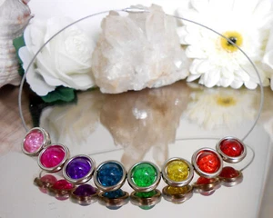 Halsreif Edelstahl bunte Crackle GLAS Perlen in silber Acryl Rahmen Collier - Bild 1 von 3