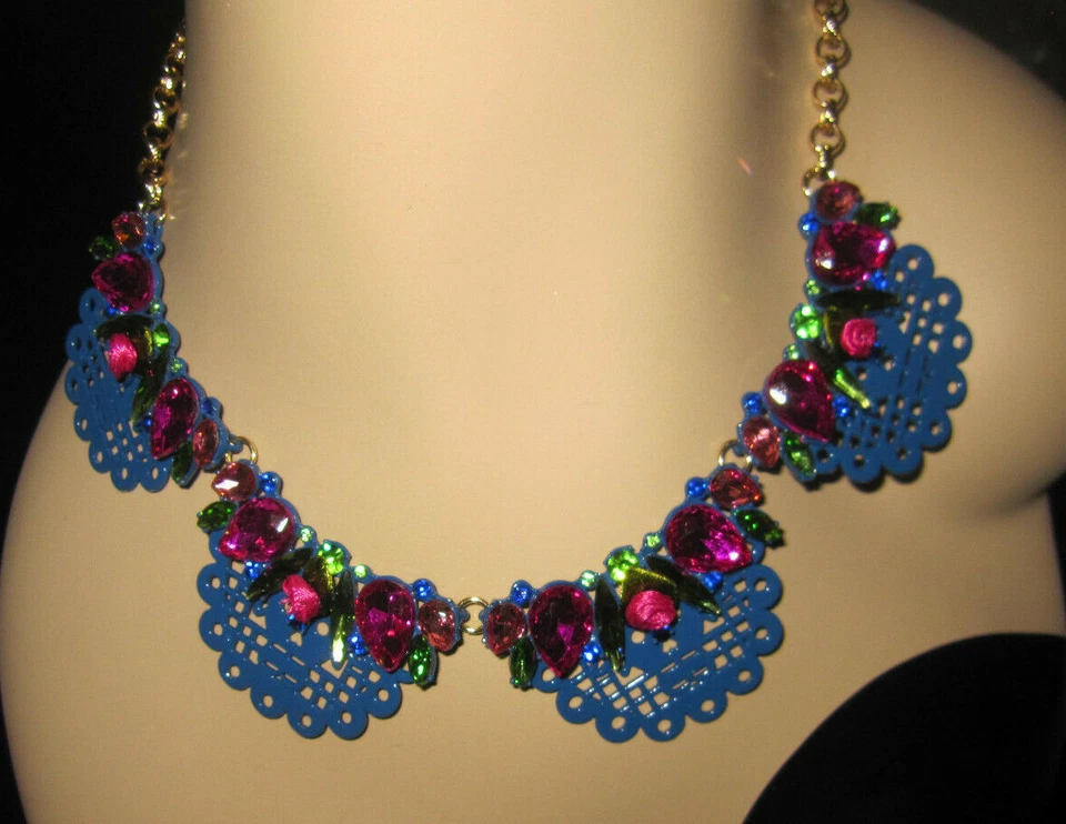 Betsey Johnson Betseyvilla Flag Frontal Necklace Blue Earrings Rose 3pc