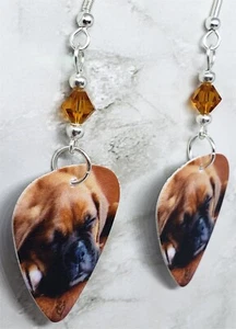 Adorable Sleeping Boxer Puppy Guitar Pick Earrings with Brown Swarovski Crystals - Picture 1 of 3