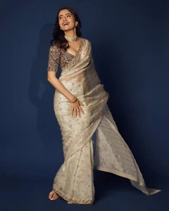 Designer Ivory Zari Embroidered Tabby Organza Saree with Heavy work Blouse Piece - Picture 1 of 7