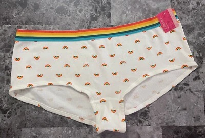 NUEVO CON ETIQUETAS XHILARATION L BLANCO ARCO IRIS ACANALADO RAYAS CINTURA RARO BOYSHORT BRAGAS Foto 1 de 4