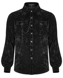 Punk Rave Mens Gothic Crimped Velvet Chained Dress Shirt - Black - Picture 1 of 12