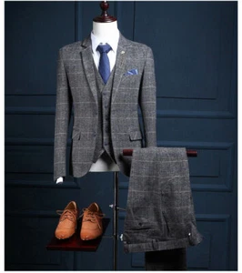 Herren Anzug grau Tweed kariert Vintage Karo Abschlussball Bräutigam Smoking Hochzeit individuell - Bild 1 von 12