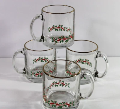 4 Christmas Holly & Red Ribbon Clear Glass Mugs Gold Rim Made In USA - Image 1 of 4