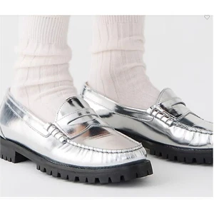 Mocasines J Crew Winona con suela de asa en cuero plateado metálico talla 8 nuevos en caja - Imagen 1 de 14