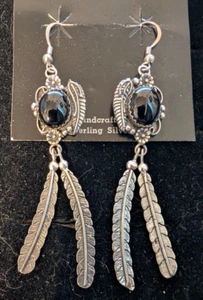 Southwestern Fish Hook Sterling Silver & Black Onyx Feather Dangle Earrings - Picture 1 of 4