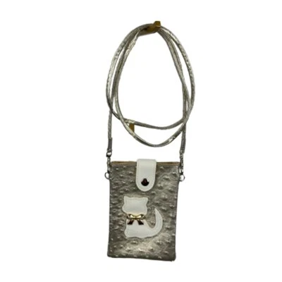 Neko Cat Mini Crossbody Silver Smartphone Shoulder Bag Metallic Pouch Purse - Image 1 of 4