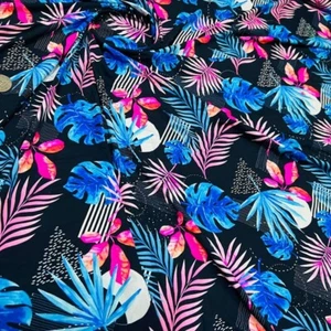 Spandex Fabric 4-way Stretch Neon Pink & Blue Leaves Print by Yard for Swimwear - Picture 1 of 5