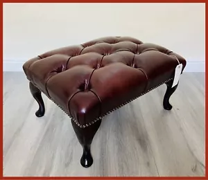 Chesterfield Queen Anne Button Red Genuine Leather Footstool - Picture 1 of 7