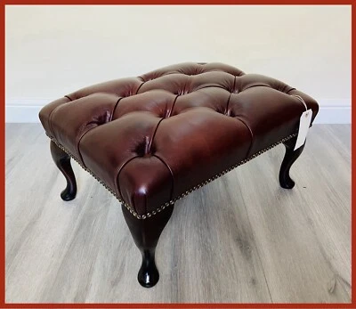 Chesterfield Queen Anne Button Red Genuine Leather Footstool - Image 1 of 4