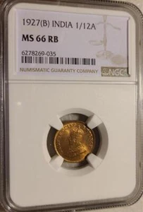 India 1/12 Anna 1927B NGC MS 66 RB - Picture 1 of 2