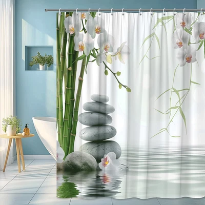 Zen stone and orchid shower curtain with bamboo accents and calm water - Image 1 of 4