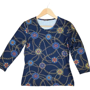 J MCLAUGHLIN Chain Print Top Sz M Navy Gold Santana Knit Coasta Chic Preppy - Picture 1 of 7
