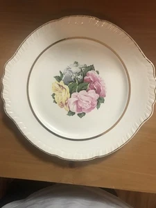 American Limoges Janis Round Handled Serving Platter R-1 32 Gold Trim- Roses - Picture 1 of 3
