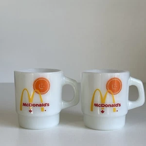 Vtg McDonald’s Fire-King Anchor Hocking Milk Glass Mugs Canada Maple Leaf Pair - Picture 1 of 12
