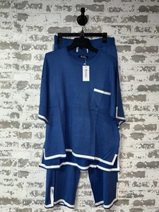 NWT! - ZANZEA Women's 2 Piece Lounge Set Knit Outfit Travel - Blue & White XXL - Picture 1 of 9