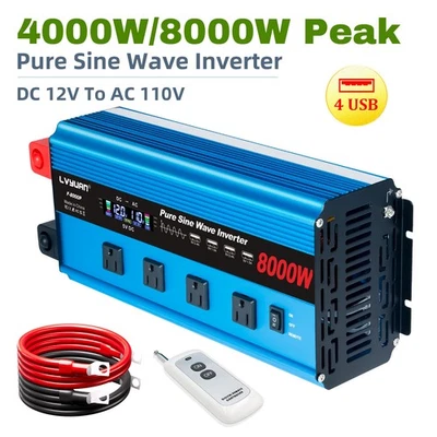 4000W 8000W Pure Sine Wave Power Inverter DC 12V To AC 110V Car Converter 4AC US - Image 1 of 4