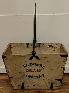 Vintage Rodgers Grain Co gelb lackierter Holzeimer/-behälter mit hohem gedrehtem Eisengriff - Bild 1 von 16