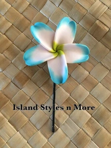 Fimo PLUMERIA Flower Hair Bobby Pin WHITE BLUE LARGE - Picture 1 of 3