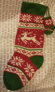 Fair Isle CHRISTMAS Stocking DEER SNOWFLAKE nordic wool knit HOLIDAY retro NEW - Picture 1 of 2