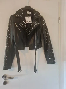 Damen Lederimitat Biker Jacke mit Nieten+Strass schwarz Gr.L/XL m.Fehler NEU - Bild 1 von 4