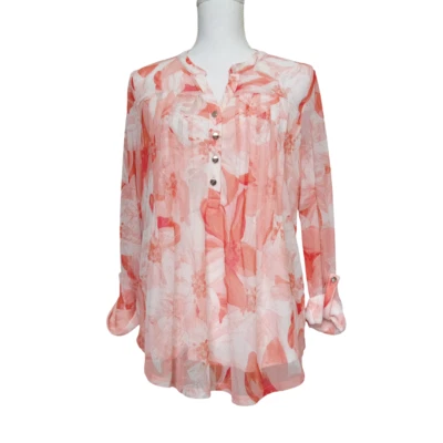 Coral Bay, Tropical Blouse Sz PXL Orange and White Floral Print Roll Tab Sleeves - Image 1 of 4