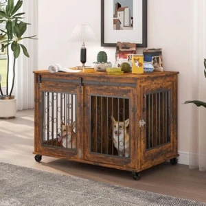 Wooden Dog Crate for Two Puppies with Sliding Door and Flip-up Top and Wheels - Picture 1 of 11