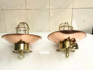 MV Bond Ship Reclaimed Brass Bulkhead Hanging Light with Copper Shade Lot of 2 - Picture 1 of 8