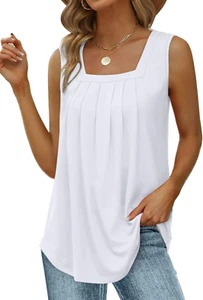 Summer Tank Tops for Women Loose Fit Pleated Square Neck Sleeveless Tops Curved - Picture 1 of 5