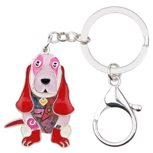 Enamel Alloy Sitting Basset Hound Dog Keychains Purse Key Ring Pets Bag Charms - Picture 1 of 11