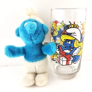 Vintage 1983 Schlumpf Trinkglas Schlumpfine mit 7 Zoll Plüsch Wallace Berrie & Co - Bild 1 von 9
