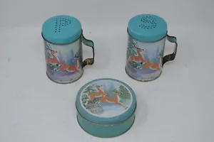 Juego de montañas rusas vintage JSNY pimienta salina de lata con mango agitadores nieve renos azul - Imagen 1 de 3