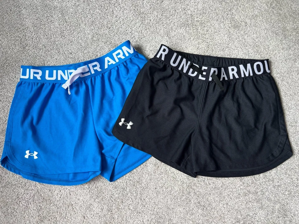 Under Armor Girls Shorts Size YMD  Lot Of 2 Blue/Black Logo Drawstring Summer - Image 1 of 4