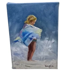 Original Art "Beach Wrap" Signed Children Seaside Seascape Artwork Painting 17cm - Bild 1 von 9